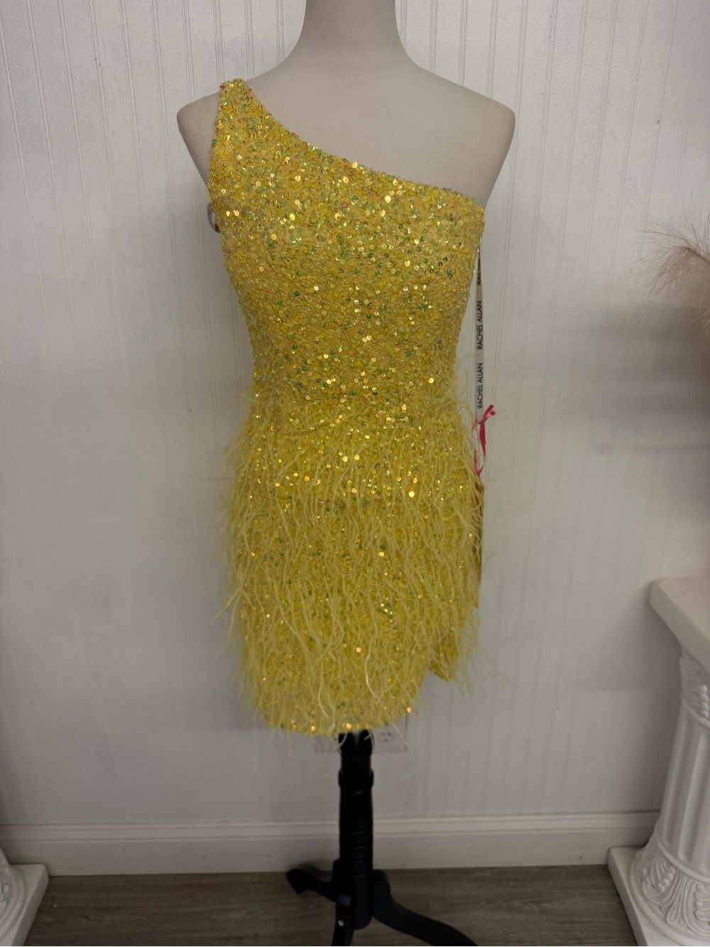 Rachel Allan Yellow One-Shoulder Sequin & Feather Cocktail Dress